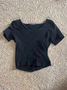 Brandy Melville Black Ribbed V-Neck Short Sleeve Tee